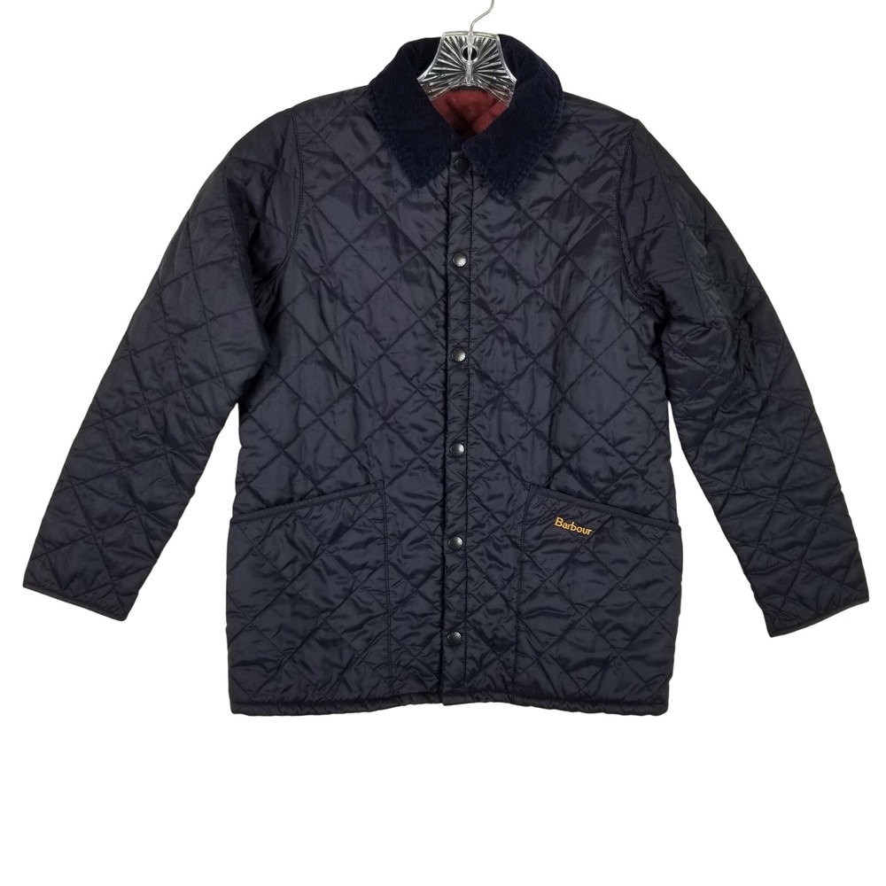 Barbour Quilted Jacket Kids L 10/11 Navy Blue Union Jack Lining Corduroy Collar